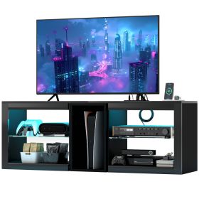 HOMCOM Below TV Cabinet for 55'' TV, Black Entertainment Center with 5 Storages, Power Outlets, LED Lights, Adjustable Shelves