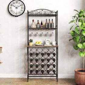 Industrial Wine Rack Bar Table, 3-Tier Liquor Bottle and Glass Holder with Storage Shelves, Metal and Wood Wine Organizer for Home Kitchen
