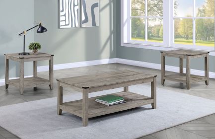 Rustic Gray Brown 3-Piece Cocktail Set Wooden Table Top Rectangular Coffee Table and Two Matching Square End Tables Living Room Wooden Furniture