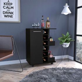 Magda Bar Cart, Four Casters, Six Built-in Wine Rack, Single Door Cabinet, Two External Shelves (Color: Black)