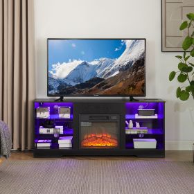 TV Stand Electric Fireplace TV Stand with Glass Shelves (Material: MDF, Color: Black)